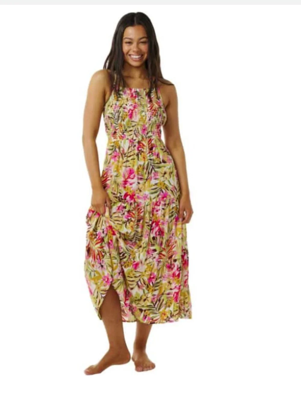 Rip Curl Copacabana Halter Midi Sundress Smocked Tropical Beach Open Back M EUC - Picture 2 of 15